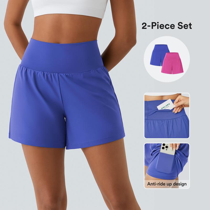 2-Piece Super High Waisted Back Pocket & Side Hidden Pocket 2-in-1 Yoga Shorts Set